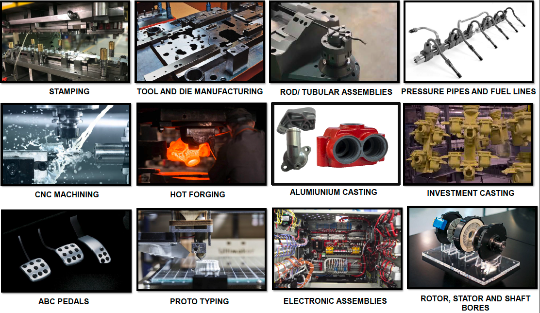 Manufacturing capabilities including stamping, machining, forging, casting, and assemblies